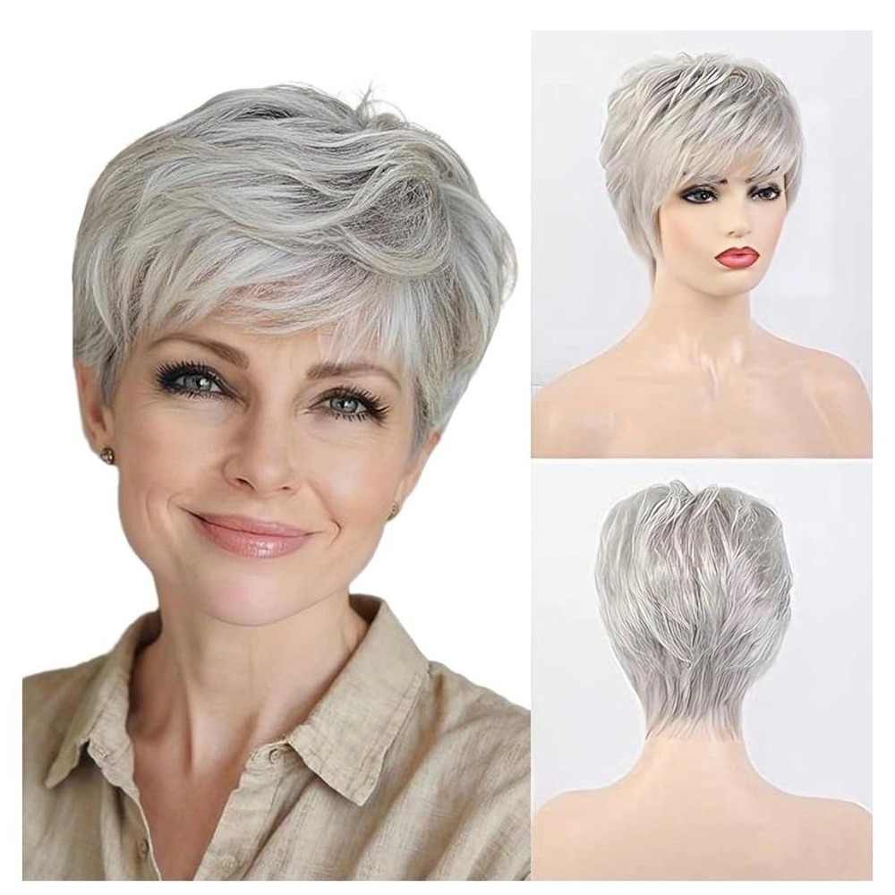 EMMOR Short Silver Pixie Human Hair Blend Wig 8in Layered Bang Women Cap 101#